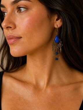 Antique Dainty Peruvian Cobalt Blue Glass Dangle Earrings